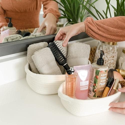 NaturalCozy 5-Piece Rectangle Storage Basket Set- Cotton Rope Woven Baskets for Organizing! Small Basket for Montessori, Baby Nursery, Dog Toy Baskets, Cat Toy Box, Bathroom Organization Bin thumbnail 9