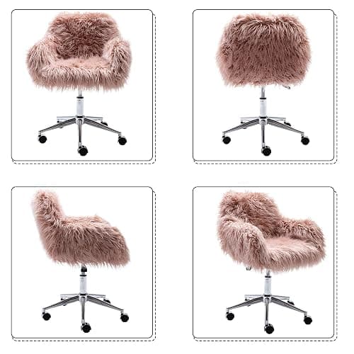 KCC Fluffy Office Desk Chair, Faux Fur Modern Swivel Armchair with Wheels, Soft Comfy Fuzzy Elegant Accent Makeup Vanity Chairs for Women Girls, Home Living Dressing Room Bedroom, Pink thumbnail 6