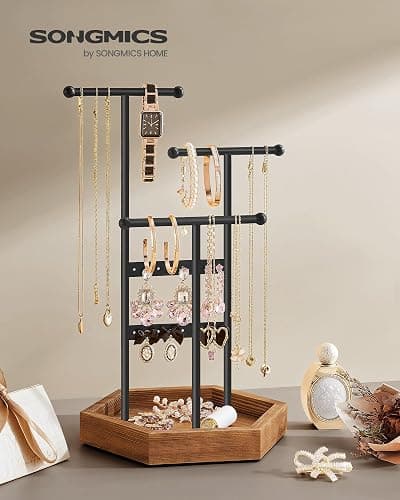 SONGMICS Jewelry Holder, Jewelry Organizer, 3 Tiers and 1 Tray, Jewelry Display Stand with Metal Frame, Necklace Earring Bracelet Holder, for Rings, Christmas Gift, Ink Black and Caramel Brown thumbnail 3