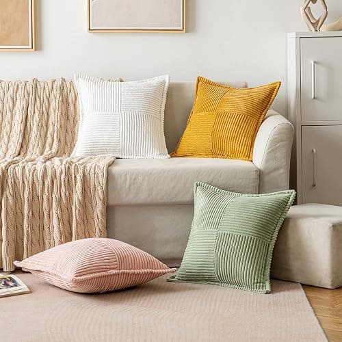 MIULEE Spring Decorative Throw Pillow Covers for Couch Bed Livingroom 18x18 Inch Set of 2 Sage Green Boho Accent Throw Pllows Broadside Striped Patchwork Soft Corduroy Pillowcases thumbnail 5