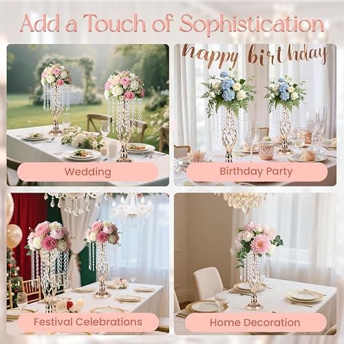 SOCROTO 10 Pcs Crystal Flower Stand Gold Wedding Centerpieces 16.9 Inch Tall Gold Vase with Chandelier Metal Wedding Centerpiece Vase for Birthday Party Reception Festivals Party Decor (S-16.9inch) thumbnail 6