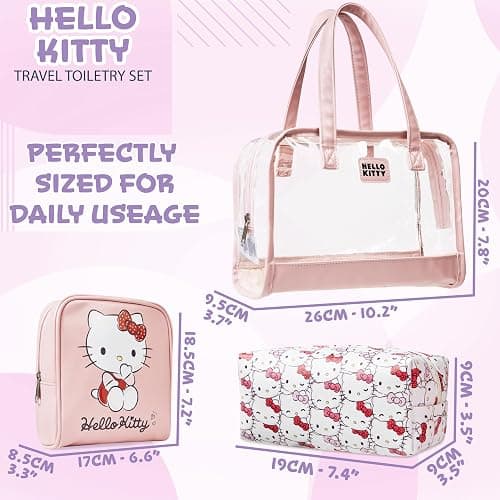 Get Trend Hello Kitty Sanrio Kawaii Makeup Bag 3 Pc Set for Girls, Teens | Clear Travel Toiletry Bag with Handles, Zipped Cosmetic Case & Makeup Pouch for Skincare, Brushes, Gifts for Girls, Women thumbnail 6