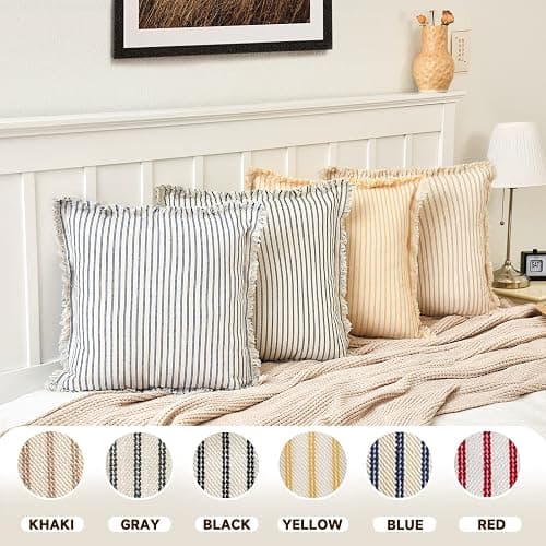 ZWJD Throw Pillow Covers 20x20 Set of 2 Striped Pillow Covers with Fringe Chic Cotton Decorative Pillows Square Cushion Covers for Sofa Couch Bed Living Room Farmhouse Decor thumbnail 4