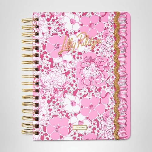 Lilly Pulitzer Large 17-Month Planner 6.75" x 8.87" Agenda Dated August 2026–December 2027, Gold Spiral Binding & Elastic Closure, Weekly & Monthly Layouts, Stickers, Travel & Reflection Pages (Conch Shell Pink Burst of Joy) thumbnail 8
