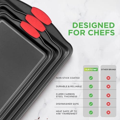 NutriChef 3-Piece Nonstick Kitchen Oven Baking Pans - Premium & Stylish Non-Stick Steel, Commercial Grade Restaurant Quality Metal Bakeware with Red Silicone Handles - Easy to Clean, NCSBS3S thumbnail 6