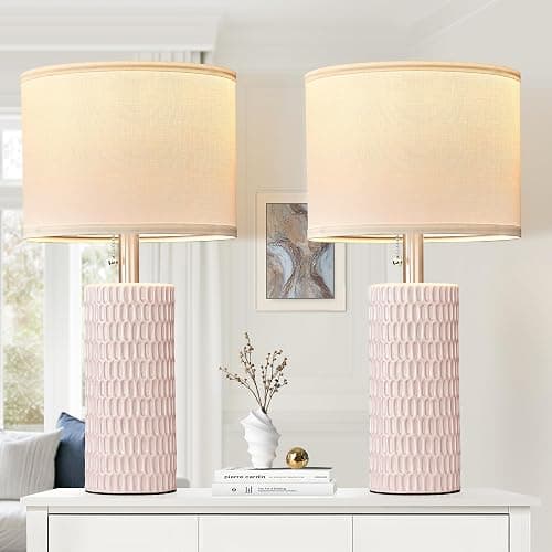 Reaketon Table Lamps for Living Room Set of 2, Ceramic Table Lamps for Bedroom, 20" Modern Lamps for Night Stands, Pink thumbnail 2