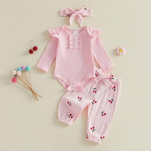 Suolongsama Newborn Baby Girl Clothes 3 6 12 18 Months Knit Long Sleeve Bubble Romper Cherry Printed Pants Headband Spring thumbnail 4