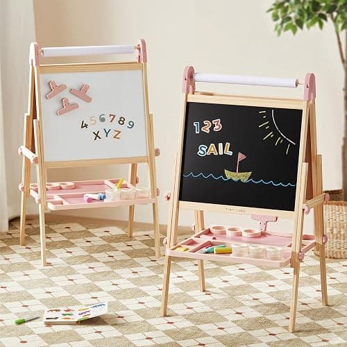 Tiny Land Easel for Kids, Double-Sided Magnetic Easel with Drawing Accessories, Adjustable Wooden Kids Art Easel with Paper Roll, Learning-Toy for 3,4,5,6,7,8 Years Old Boy & Girls Pink - Image 1