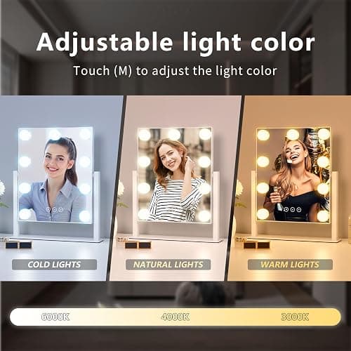 Acoolda Vanity Mirror with Lights, Hollywood Vanity Makeup Mirror with 9 Dimmable LED Bulbs, 3 Color Lighting Modes, Detachable 10X Magnification, 360°Rotation,White thumbnail 3