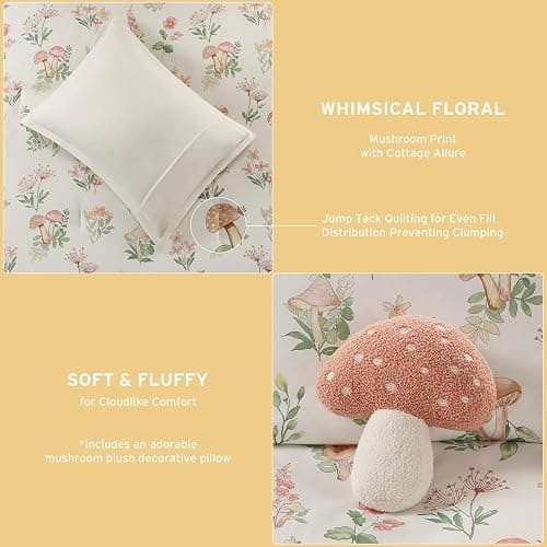 Intelligent Design Queen Comforter Set, Whimsical Floral & Mushroom Cottage Design, Microfiber Lightweight All Seasons Down Alternative Bedding, Sham & Décor Pillow, Gwen, Full/Queen Green 4 Piece thumbnail 5