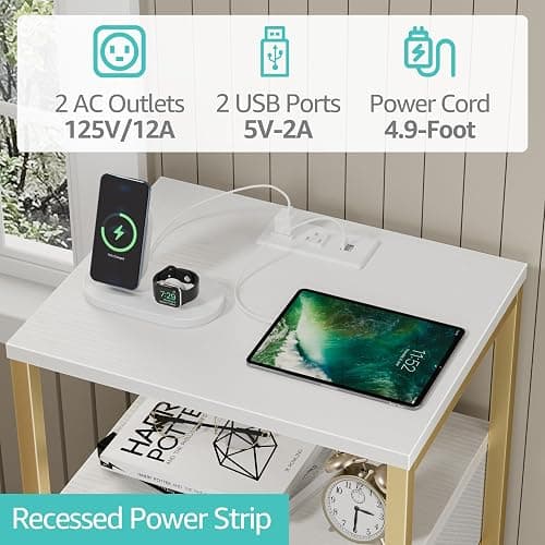 BOLUO Gold Nightstand with Charging Station, LED Night Stand with 2 Fabric Drawers, Bedside Table with USB Ports and Outlets, Nightstand for Bedroom Modern thumbnail 6
