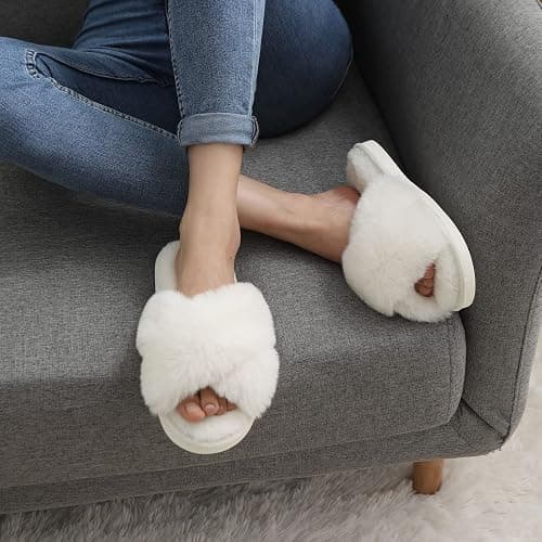 Evshine Women's Fuzzy Slippers Cross Band Memory Foam House Slippers Open Toe thumbnail 2