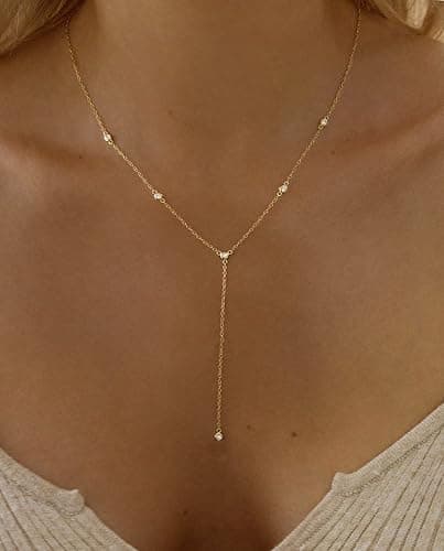 Fwlisesa Gold Necklace for Women, Dainty Gold Long Necklaces 14k Gold Plated Prom Bar CZ Lariat Necklace Simple Choker Necklaces for Women Trendy Boho Fashion Costume Jewelry Womens thumbnail 2