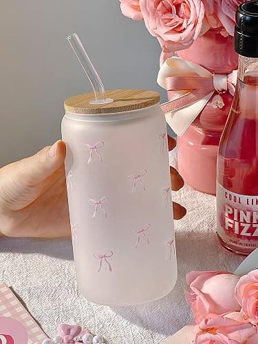 Loihayazea Cute Coquette Pink Aesthetic Bow Glass Cups with Lids and Straws, Preppy Girly Trendy Stuff Gifts for Women Teen Girls, 16oz Iced Coffee Cup, Glass Tumbler, Matcha Cup (Pink Bow) thumbnail 8