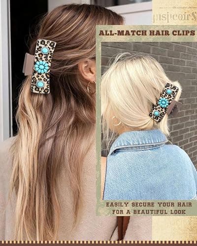 ACECHA Western Hair Claw Clips for Women, Turquoise Stone - Leopard Print Leather Hair Clips, Large Cowgirl Hair Accessories Rodeo Style Fashion Hairclips Gift (Coffee 02) thumbnail 5