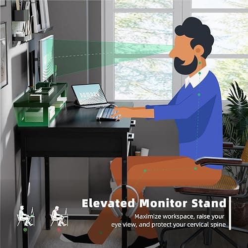 Pamray 32 Inch Small Computer Desk with Monitor Stand Home Office Desks with 2 Drawers for Bedroom Study Writing and Work Table for Small Spaces Black thumbnail 5