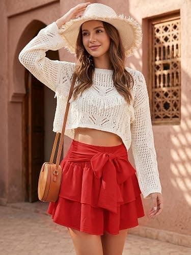 Timormode Womens Summer Ruffle Mini Skirt Boho A-Line Layered Skirts | Flowy Bow Mini Skirt, High Waisted Ruffle Hem Short Skirts, Cute Beach Vacation Skirt, Tiered Tennis Golf Skirts thumbnail 2