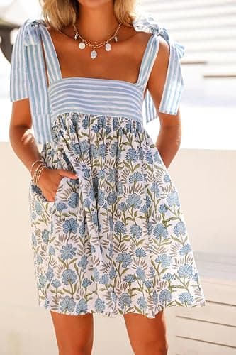 Women Floral Tie Shoulder Mini Dress Cute Square Neck Loose Fit Beach Short Dress Backless Boho Vocation Sundress thumbnail 5