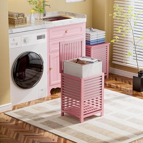 SMIBUY Double Laundry Hamper with Lid, 120L Bamboo Laundry Basket with Removable Liner Bag, 2-Section Clothes Divider Laundry Sorter for Laundry Room, Bathroom, Bedroom (Pink) thumbnail 4