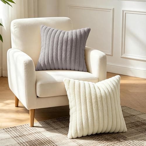 Set of 2 Faux Fur Decorative Soft Striped Cushion Covers 45x45 cm,Cream Soft Couch Square Throw Pillow Covers 18x18 Inch with Invisible Zipper for Sofa Bedroom Decorative Fluffy Large Pillowcases thumbnail 2