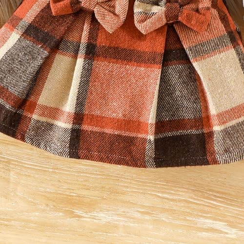 Toddler Baby Girl Plaid Dress Puff Sleeve Bow Patchwork Ribbed Shirts Dress Plaid Fall Winter Outfits with Headband thumbnail 7