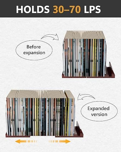 BS-VOG Vinyl Record Storage Stand, Expandable Record Holder for 30-70 LPs, Now Playing Display Rack for Albums, Wood & Metal Sturdy Vinyl Stand for Home Decor & Music Lovers thumbnail 3