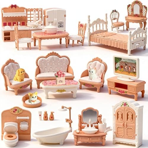 Dollhouse Furniture Set, 38 Pcs Miniature Doll House Accessories with Dogs and Cat ,Kitchen Bedroom Living Room Bathroom Furniture, Toy for Kids Ages 3+ Boys Girls, Great Gift Idea - Image 1