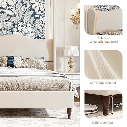 koorlian King Size Bed Frame Upholstered Platform Bed with 51" Tall Headboard Wingback, Soft Fabric, Retro Simple Style Platform Bed No Box Spring Needed, Easy Assembly, Beige thumbnail 6