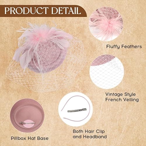 Revkokmx Fascinator Hat Veil Feather Fascinator Tea Party Bridal Wedding Veil Retro Hat Pillbox Hat thumbnail 3
