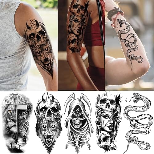 52 Sheets Black Halloween Temporary Tattoos for Kids Men Women, Include 10 Sheets Large Half Arm Sleeve Fake Tattoos, 200+ PCS Spider Snake Tiger Lion Skull Bat Vampire Scar Halloween Tattoos thumbnail 3