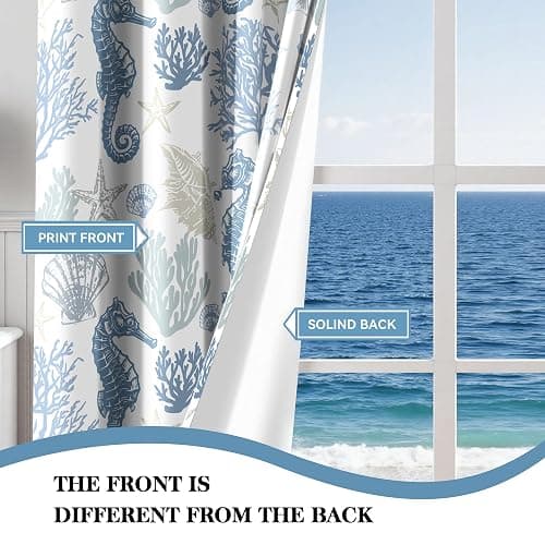 weesire Nautical Coastal Curtains Decorative Beach Ocean Seahorse Coral 50% Light Blocking Sea Darkening Grommet Curtain for Villa Living Room, Bedroom Navy Blue and White 2 Panels Set, 52x84 Inches thumbnail 8
