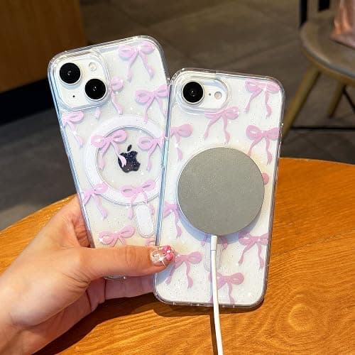 UEEBAI Magnetic for iPhone 15 Pro Max, Glitter Bow Case Compatible with MagSafe, Wireless Slim Sparkly Clear Aesthetic Phone Cover Anti-Yellowing Protective Cover for Women Girl - Glitter Pink thumbnail 3