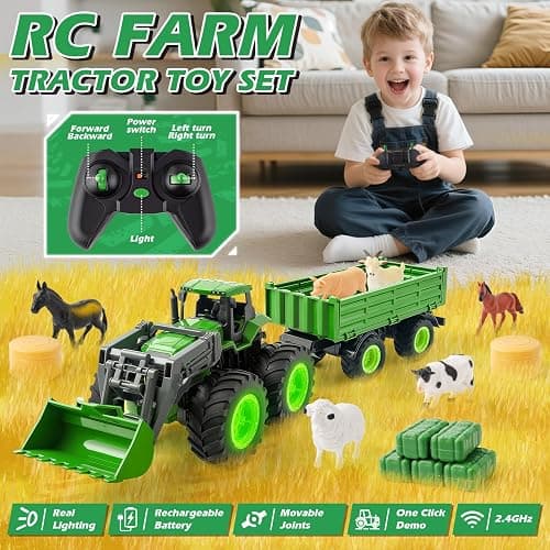 Remote Control Tractor Toy Set with Trailer & Farm Accessories, Light Up Farm Truck Toys for Boys & Girls 3, 4, 5, 6, 7 Year Old, 2.4 Ghz RC Tractor Toys, Ideal Christmas, Birthday Gifts for Kids thumbnail 3