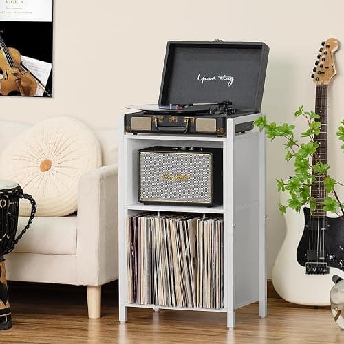 YAHARBO Record Player Stand, 3-Shelf Vinyl Record Holder with Storage, White Record Stand, Vintage Turntable Stand Holds Up to 100 Albums,Record Table with Handle for Living Room,Bedroom thumbnail 6