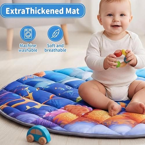 Yeeeasy Ocean Theme Baby Play Gym Mat, Tummy Time Activity Mat with 5 Detachable Marine Toys, Sensory & Motor Skill Development for 0 3 6 9 12 Month Baby and Newborns, Vibrant Deep Blue thumbnail 4