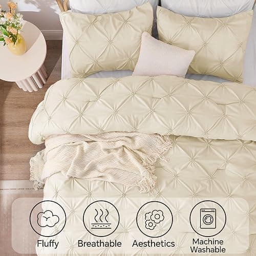 BEDELITE Queen Comforter Set Beige - 3 Pieces Boho Pintuck Bedding Sets, Queen Size Bed Set with 2 Pillow Shams for All Seasons, Room Decor Valentine's Gift,Lightweight Soft and Warm thumbnail 9