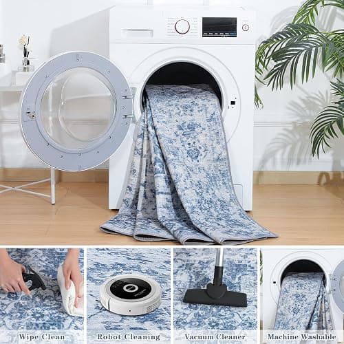 Area Rug 8x10, Washable Rug for Living Room, Large Area Rugs for Bedroom, Vintage Rug 8x10 for Dining Room, Non Slip Soft Low Pile Indoor Carpet for Kitchen, Nursery, Office, Farmhouse, Blue thumbnail 6