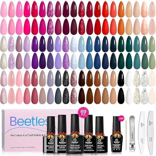 Beetles Gel Nail Polish Set - Transcendent Allure 60 Colors Winter Gel Polish Kit Orange Burgundy Red Green Brown Blue White Black Purple Glitter with Base Top Coat UV LED Needed DIY Gifts for Women - Image 1