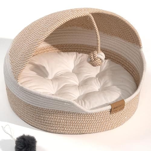 CHEERPALS Cat Basket Bed with Washable Cushion and Ball Rope Cotton, Covered Pet Bed for Indoor Cats Cave Bed Hooded, Stimulicat Cat Bed Handwoven Breathable, All Season Universal(White) - Image 1