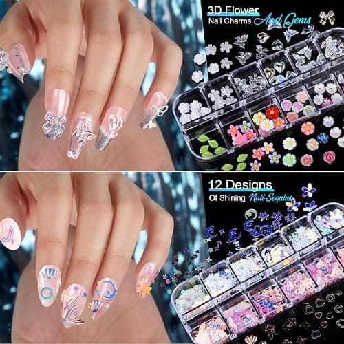 Teenitor Nail Charms Nail Stickers for Nail Art Kit, 8 Boxes Nail Rhinestones Nail Gems Pearls for Nails with 20 Sheets Nail Art Stickers, 3D Gold Nail Charms and Gems Nail Supplies Nail Art Tools thumbnail 5