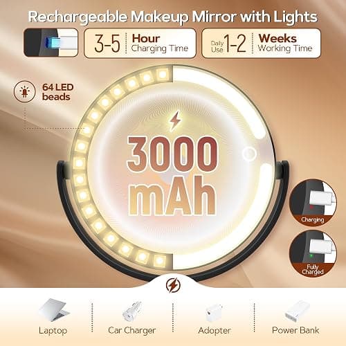 B Beauty Planet Vanity Mirror with Lights, Magnifying Makeup Mirror 30X/1X | Digital Battery Display, Height Adjustable, Tri-Color Dimming, Double-sided Desk Mirror for Bedroom,Gifts for Women 3000mAh thumbnail 6