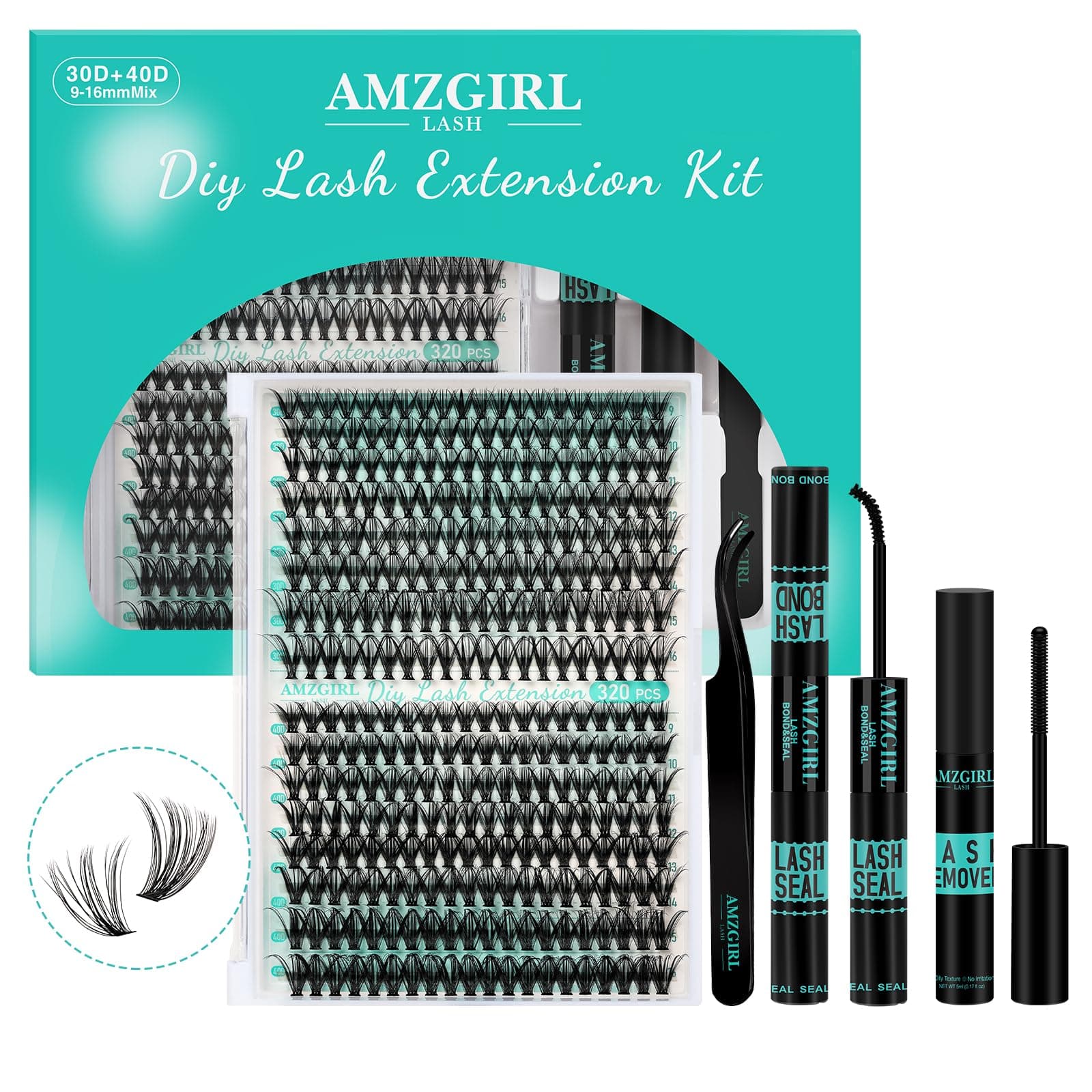 Lash Extension Kit 320Pcs,DIY Individual Lashes Clusters,Lash Bond And Seal,Remover For Eyelashes Extensions,Applicator Tool For False Eyelash Cluster At Home(3040D,D-Mix9-16mm Kit) - Image 1
