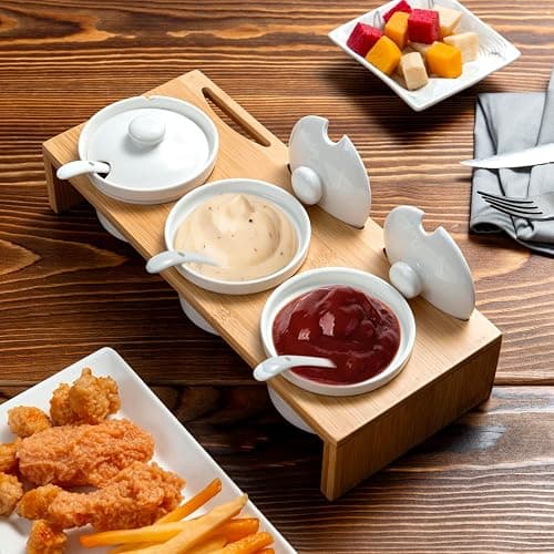 MyGift 10 Pcs Sauce Serving Dish, Hosting Party Essentials Host Gift, 3 Ceramic Ramekin Chip Dip Bowls with Lids & Spoons, Premium Bamboo Server Tray, Condiment Pot Entertaining thumbnail 2