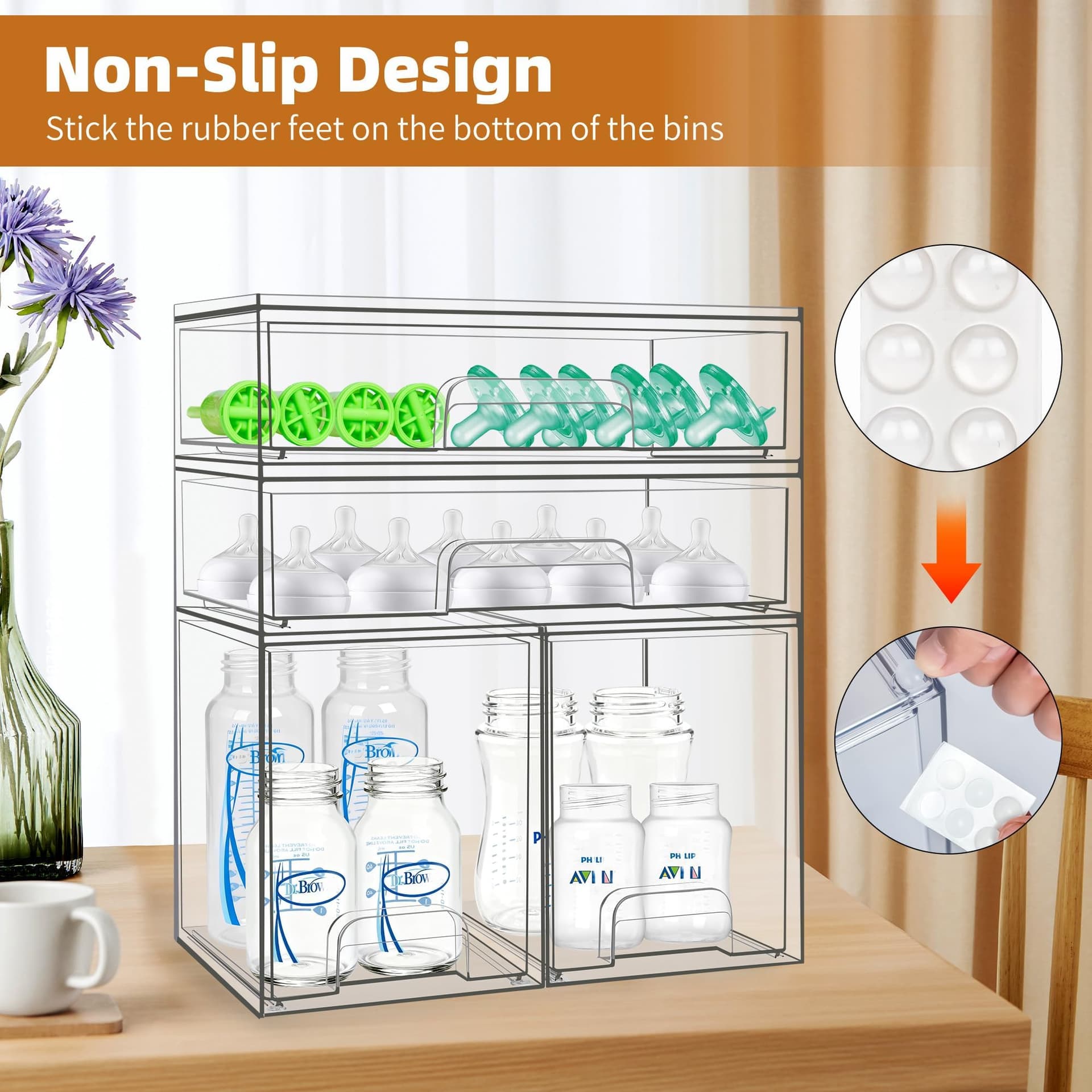 Baby Bottle Organizer, 4 Pack Stackable Storage Drawers with Labels, Clear Station Organizers Container for Pacifiers, Pump Parts, Desk Organizer Bins for Bathroom, Cabinet, Pantry, Vanity, Countertop thumbnail 6
