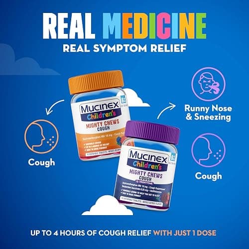 Mucinex Children's Mighty Chews Kids Cough Medicine Daytime And Nighttime Value Pack, Easy to Dose Cough Suppressant For Kids with Dextromethorphan, Mixed Berry Flavor, 32 Medicated Chewable Tablets thumbnail 4