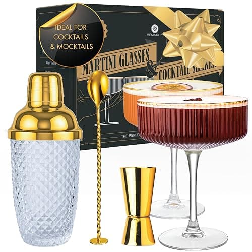 Vemacity Kit Cocktail - Shaker. Cocktail Professionale con Coperchio Oro 450ml + 2 Bicchieri Martini con Bordi Oro + Cucchiaio Bar e Jigger | Set Elegante per Barman | Ideale per Fare un Regalo - Image 1