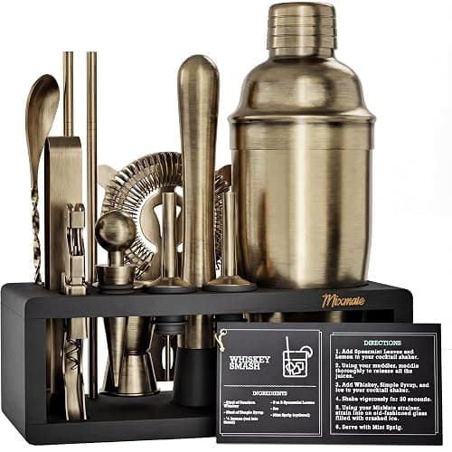 Brushed Brass Mixology Kit - 15 Piece Bar Tool Set, Silver Bar Set Cocktail Shaker Set for Drink Mixing - Includes Martini Shaker, Jigger, Strainer, Bar Mixer Spoon, Tongs, Opener | Gift Idea - Image 1