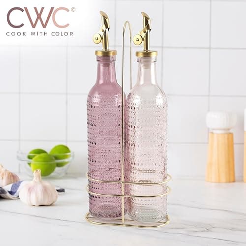 COOK WITH COLOR Glass Olive Oil Bottle Dispenser - 2 Pack- 17oz Oil and Vinegar Cruet - Olive Oil Carafe Decanter for Kitchen, Champagne Bubbles, Pink thumbnail 6