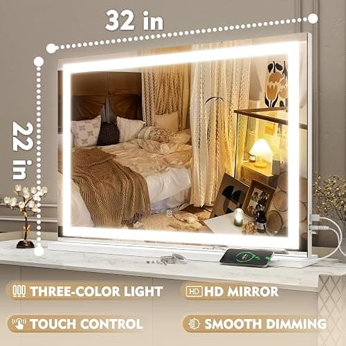 ROLOVE Vanity Mirror with Lights, 32" x 22" Large Lighted Vanity Mirror with Dimmable 3 Modes, LED Makeup Mirror, USB Charging Port, Tabletop or Wall-Mounted Square White thumbnail 2