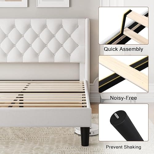Einhomn Queen Size Upholstered Bed Frame with Wingback Headboard, Fabric Velvet Platform Bed, 8" Under Bed Storage, Wooden and Metal Slats Support, No Box Spring Needed, White thumbnail 6